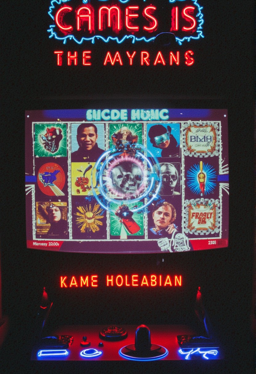 Slot machine graphics from front view . Disturbing scenes of addiction, people injecting drugs heroin, white powder, drinking alcohol smoking cigarettes. very strange surrealist style with holographic vortex featuring swirls of holotropic colour and glowing eyes wet distorted factory shot. On the television sets are glowing hands, with electricity coming off the finger tips. swirling around