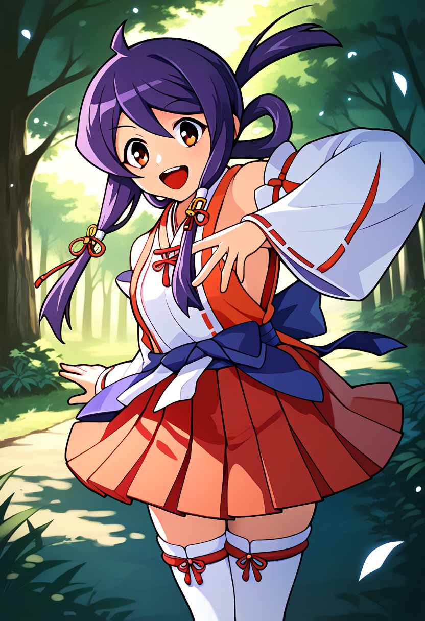 score_9, score_8_up, score_7_up, BREAK source_anime, best quality, masterpiece,very aesthetic, zPDXL2,official art,detailed_eyes,1girl, solo,
kaidou_akane, purple hair, red eyes, long hair, sidelocks, teenage, 
sarashi, ribbon trim,sarashi, red ribbon, white detached sleeves, white japanese clothes, red short hakama, red skirt, white thighhighs, miko, zettai ryouiki, sandals
<lora:kaidou_akane_pony_v1:1>
( standing:1.3),(dynamic pose),
smile, open mouth,
looking at viewer,(cowboy shot,:1.4 ),
outdoors, forest