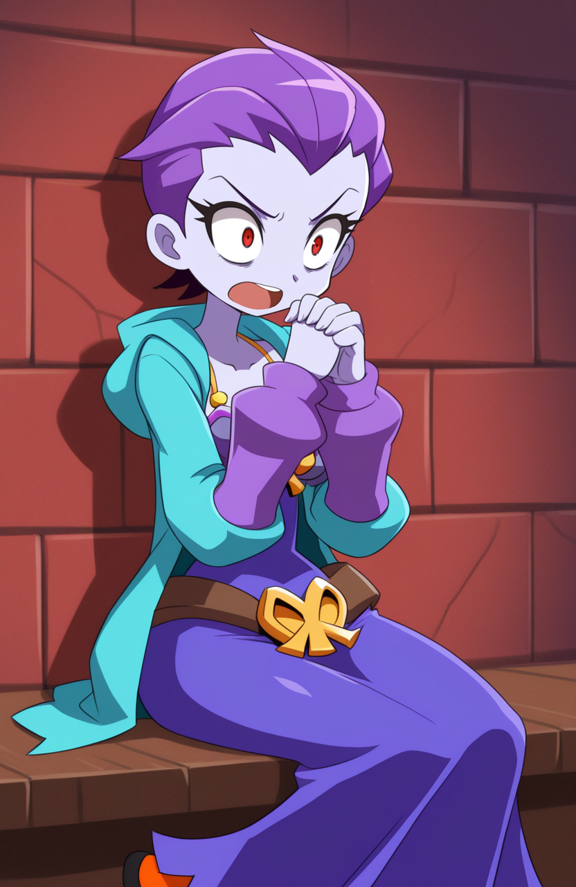 1girl, solo, 
risky boots, purple skin, purple hair, very short hair, hair slicked back, red eyes, aqua open hoodie, knit hoodie, spaghetti straps , hood down, blue dress, armored dress, medium dress, strapless dress, orange tube socks, blue nike,
sitting, hands clasped, startled eyes, wide-eyed shock, frozen moment,  <lora:SevenSirens:1> svnsrn, extremely detailed, highres, masterpiece, best quality