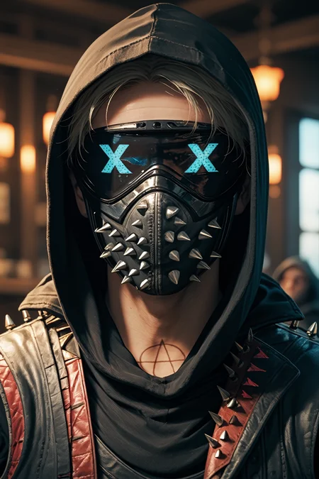 score_9, score_8_up, score_7_up, score_6_up
<lora:WDWren:0.9>
WDWren, 1boy, faceless, mask, hood up, vest, looking at viewer, portrait