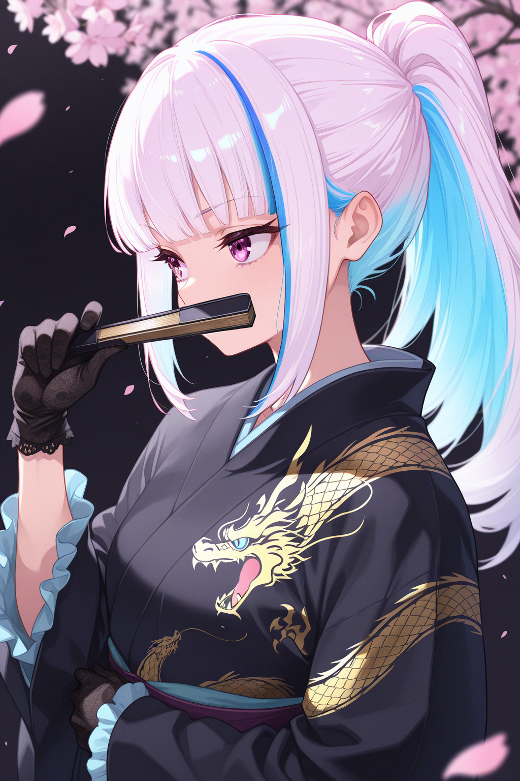 1girl, LizeHelestaNijisanji, 
general, solo, perspective, upper body,
long hair, ponytail, eyelashes, 
no hair ornament,
yakuza, folded fan, black kimono, 
dragon print,
long sleeves, frilled sleeves, lace-trimmed gloves,
looking away, serious, covering mouth, 
simple background, black theme, cherry blossoms, depth of field,
<lora:kp_LizeHelestaNijisanji4thCostumeIllustrious_v1_0:1.0>,
masterpiece, best quality, amazing quality