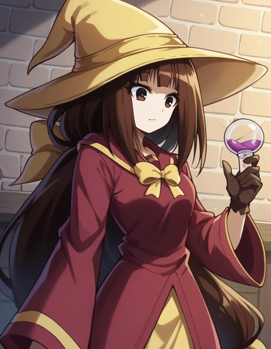 score_9, score_8_up, score_7_up, source_anime, <lora:najimi-ajimu-s2-ponyxl-lora-nochekaiser:1>, najimi ajimu, long hair, brown hair, bow, ribbon, brown eyes, very long hair, low-tied long hair, hair band, hair bow, yellow hairband, medium breasts,, <lora:wizard-ponyxl-lora-nochekaiser:1>, wizard, wizard hat, robe, dress, long sleeves, gloves,, indoors, bricks, potion, flask, vial,, cowboy shot,, , dutch angle, cowboy shot