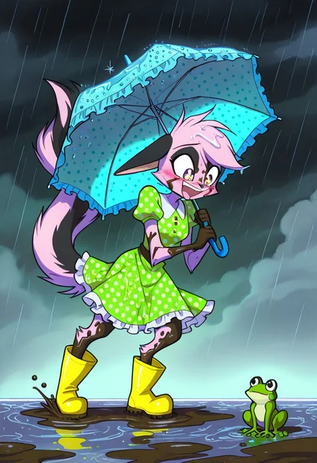 1girl,solo,furry,pink fur,tail,ears,source_furry,
,<lora:Viriathus_Vayu_illustrious:0.8>,
child, kid,
irl hops gleefully into a rain-soaked puddle, her polka-dot umbrella tossed aside. Her frilly mint-green dress is soaked at the hem, and her hair clings to her face in damp strands. She laughs, cheeks rosy and eyes squeezed shut, as water droplets sparkle around her. Behind her, the cloudy sky mirrors her playful energy, and her yellow rain boots are caked with mud. A small frog peeks out from a nearby puddle, adding a touch of whimsy.
Tags:
1girl, rain, puddle, umbrella, polka_dot_dress, boots, wet_hair, laughing, blush, water_droplets, frilly_dress, playful, moe, cloudy_sky, cheek_marks, sparkling_eyes, dynamic_pose, mud, frog, innocent_expression