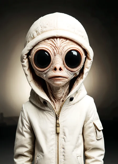 An image of an alien, a small, white, and creature with a big head and large eyes. It is wearing a winter white hooded jacket, which adds to its unique appearance. The alien's head is positioned in the center of the image, and it appears to be looking directly at the viewer. The overall impression is that of a cute and friendly creature, possibly from a distant planet or a fictional world. <lora:sss:0.8> <lora:fx-monsters-XL:0.35> <lora:Happy_World:0.8> <lora:ugly_SDXL:0.8> uglylora, subsurface scattering, Photorealistic, Hyperrealistic, analog style, realistic, film photography, soft lighting, heavy shadow