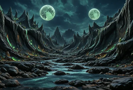 A beautiful landscape at night on an alien world, dramatic lighting, large moon in the sky, jade rocks, waterfalls, deep crevices, uhd, ultra-detailed, photography, f/8 photo, monoprone, nmskyrim