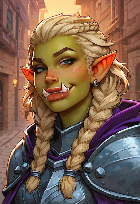 score_9, score_8_up, score_7_up, 1girl, female, orc, tusks, green skin, (green skin), thicc, buff, beefy, stout, freckles, light blonde hair, large braids, full armor, paladin armor, halfbody Portrait, royal cape, wielding a large tower shield, focus from Front, close up, naughty smile, cheek dimples, looking at viewer, shoulder, arched back, cobblestone street, small bridge, outside a kingdom, fantasy, dnd