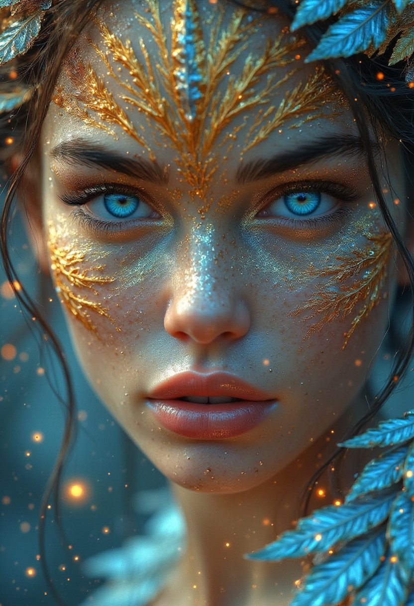 A close-up portrait of a woman with striking blue eyes. Her face is adorned with glittering gold and silver makeup, resembling delicate leaves and intricate patterns, and a hint of otherworldliness., The image captures a close-up portrait of a woman's face, full lips are slightly parted, like tiny stars, adding to her ethereal beauty. The background is a blur of blue and gold.  <lora:Midjourney_Dreamlike_Fantasy_FLUX_LoRA:1>
