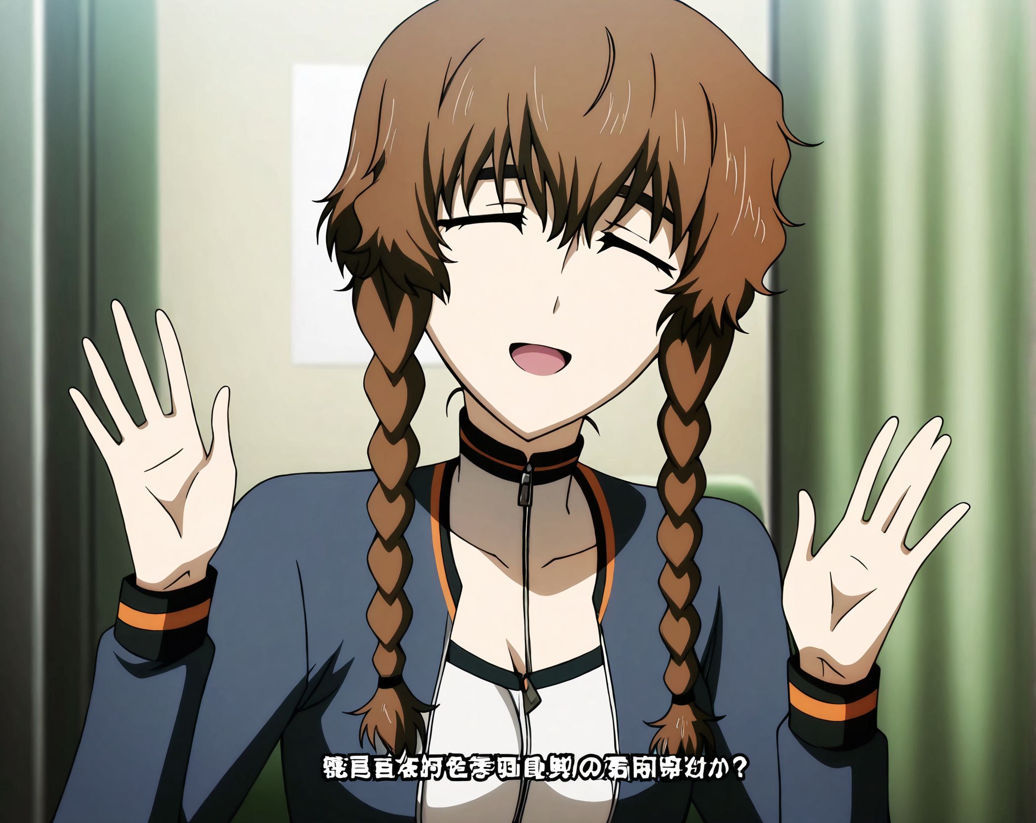 masterpiece, best quality, newest, absurdres, highres, detailed eyes, beautiful, detailed background, perfect eyes, anime coloring, anime screencap,
<lora:My_dad_got_the_MVP:0.6>My dad got the MVP,Reach out,
Got the MVP, (Hands raised with palms) facing outward,half-closed eyes, 
1boy, male focus,smile,open mouth,indoors, sitting, (waving 2hands:1.2), 
shirt,solo,closed eyes,holding,subtitled,meme,upper body, 
<lora:suzuha:0.9>,suzuha,1girl,twin braids,brown hair,brown eyes,track jacket,,cleavage,open jacket,
steins;gate, official art,