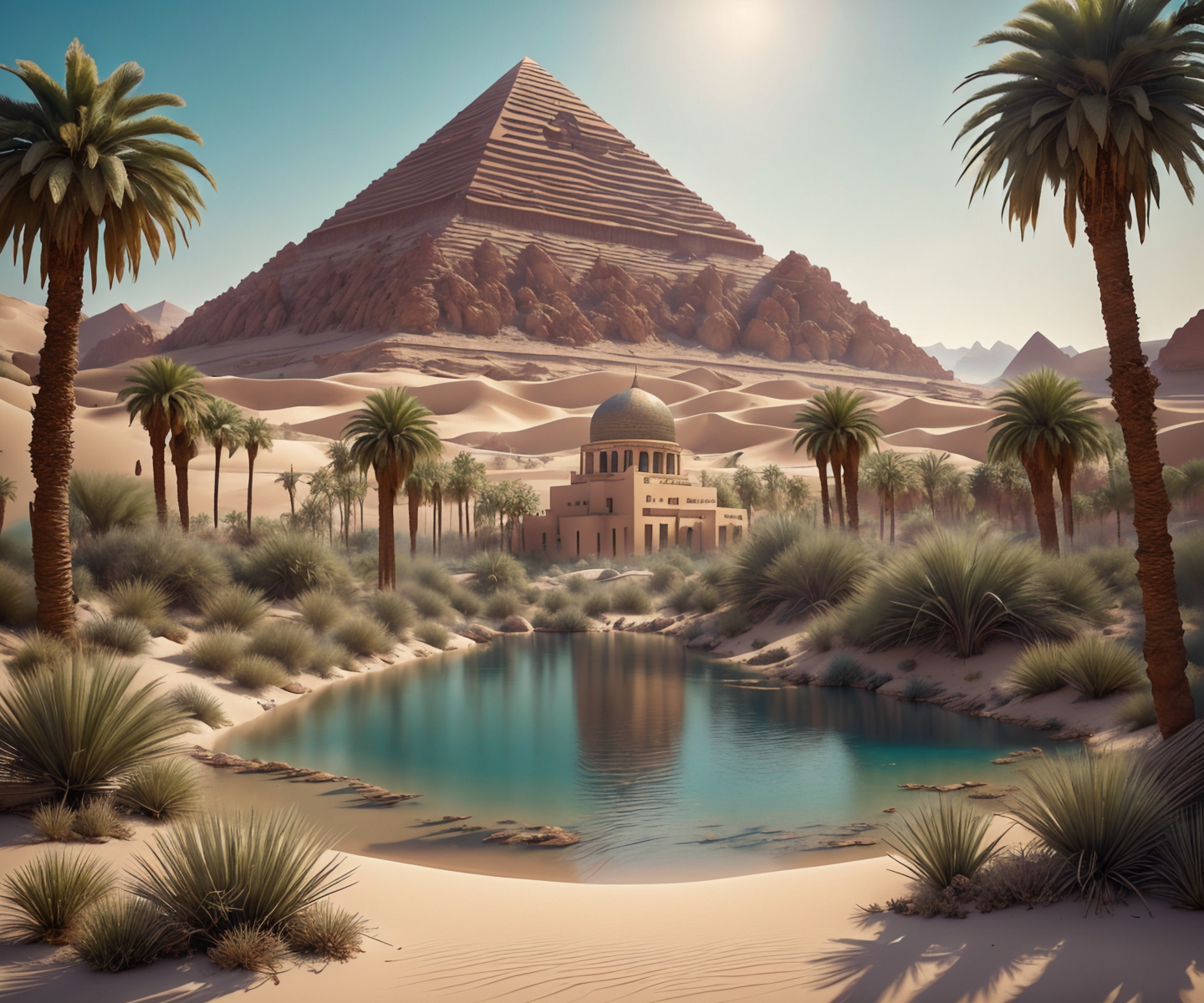 RAW photo, (masterpiece:1.3), subsurface scattering, heavy shadow, (high quality:1.4), (intricate, high detail:1.2), professional photography, HDR, High Dynamic Range, realistic, ultra realistic, photorealistic, high resolution, film photography, ambient lighting, atmospheric effects, <lora:detail_slider_v4:2>, OverallDetail,  <lora:Oasis:1>, a small oasis in the desert, palm trees, shrubs, a pyramid in the background