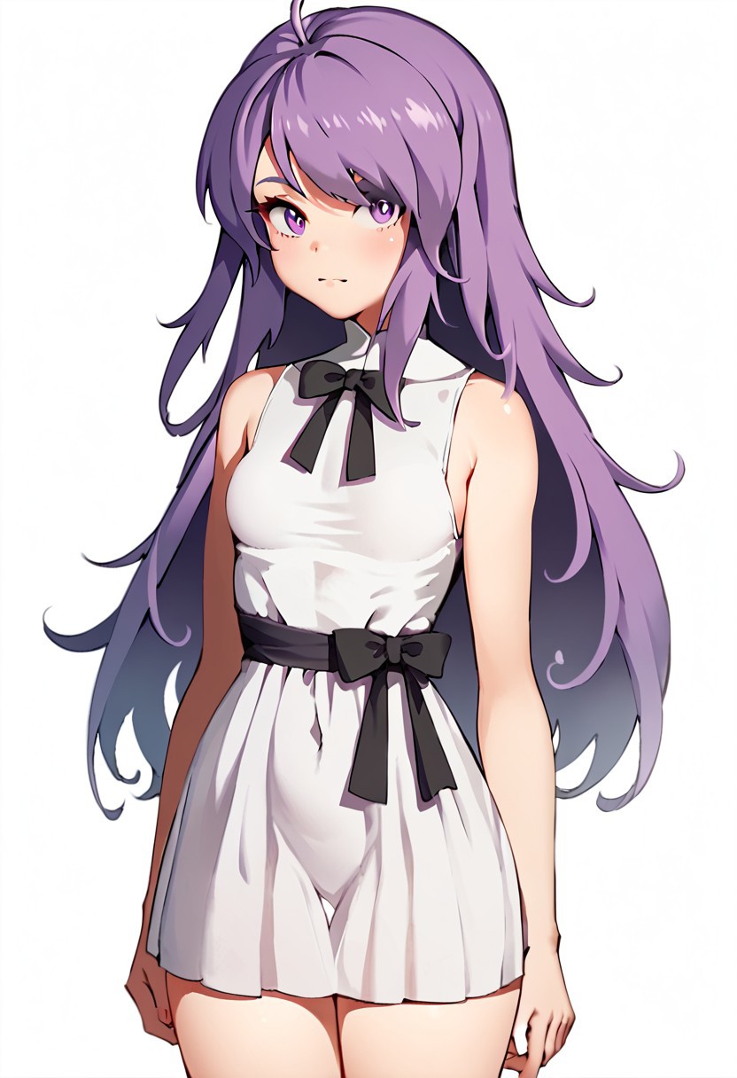score_9, score_8_up, score_7_up, 1girl, VioletSOL, purple hair, purple eyes, ahoge, long hair, small breast, big ass, big hips, white dress, black ribbon,  standing, looking at viewer, white background