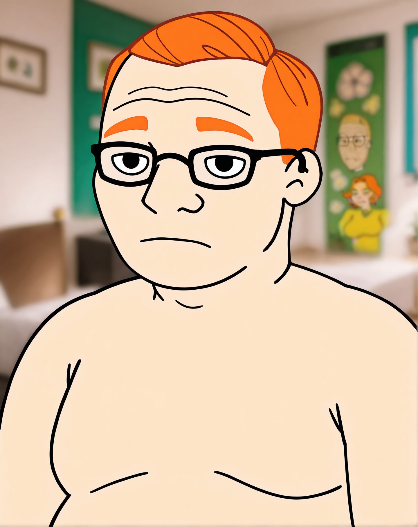 toon \(style\), 2d,
<lora:Wojak_style:1.1>Wojak style,
glasses,1boy,solo,
male focus,
blurry background,blurry,
upper body,closed mouth,
wojak style,
fat man,orange hair,
gold hair,
milf, 30YO,