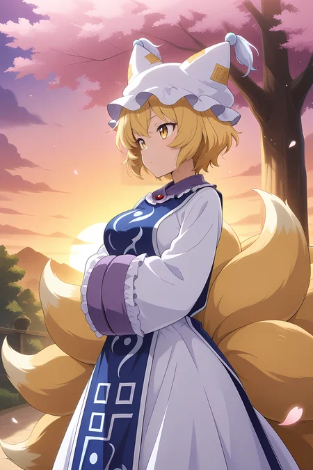 absurdres, highres, masterpiece, best quality, amazing quality, official anime artwork, screencap, anime screencap, outdoors, from the side, floating hair, tree, sunset, dynamic pose, hands in opposite sleeves, petals, sakura tree, light particles,
<lora:Yakumo-Ran_Illustrious:1> yakumo ran, 1girl, solo, yellow eyes, blonde hair, short hair, multiple tails, fox tail, fox ears,, hat, white headwear, ofuda, tabard, white dress, long dress, frills, long sleeves, wide sleeves
