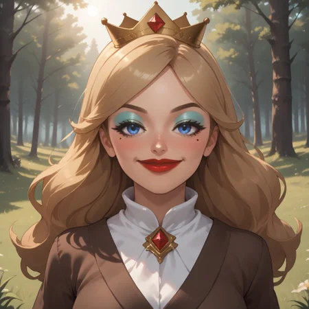score_9, score_8, BREAK, solo, wii, mii, wii sports, 1girl, female mii, blonde hair, long hair, crown, blue eyes, makeup, blue eyeshadow, blush, mole under eye, red lips, lipstick, brown eyebrows, brown long dress, silver high heels, big breasts, nintendo mii, modern_mii, classic_mii, Empress_Alisha_(OC_Mii), cute, attractive, sexy pose, self portrait, smile, outdoors, sunlight, shadows, evening lighting, natural lighting, forest, trees, grass, orange sky, sunset