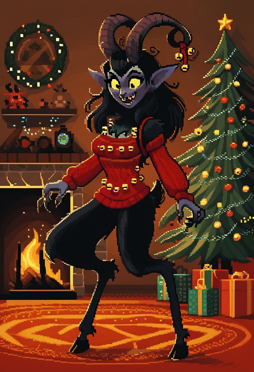 score_9,score_8_up,score_7_up,score_6_up,score_5_up,score_4_up, Pixel_Art, MSMLN, 1girl, solo, red sweater, Krampus, goat demon, chest harness, jingle bells, horns, medium breasts, covered, living room, christmas tree, christmas lights, smile, mouth open