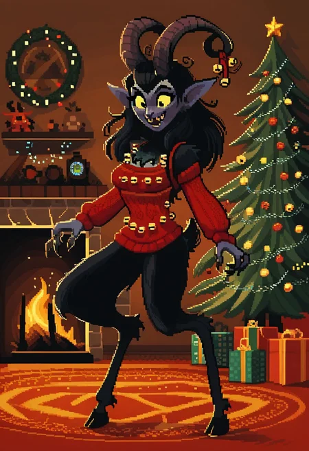 score_9,score_8_up,score_7_up,score_6_up,score_5_up,score_4_up, Pixel_Art, MSMLN, 1girl, solo, red sweater, Krampus, goat demon, chest harness, jingle bells, horns, medium breasts, covered, living room, christmas tree, christmas lights, smile, mouth open