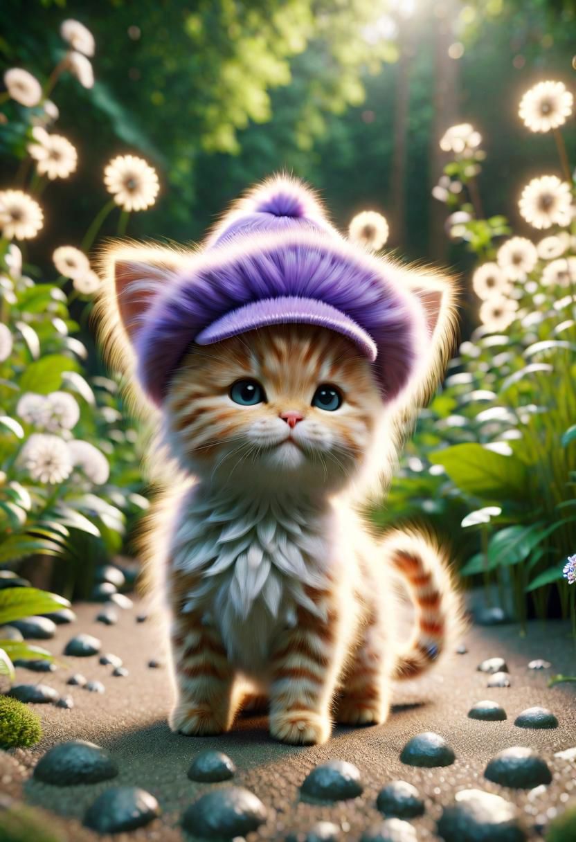 ral-fluff,<lora:ral-fluff:1>,
chibi,masterpiece,best quality,original,official art,kitten,purple hat,flower,blurred background,rendering,beautiful detailed glow,(detailed ice),beautiful detailed water,
