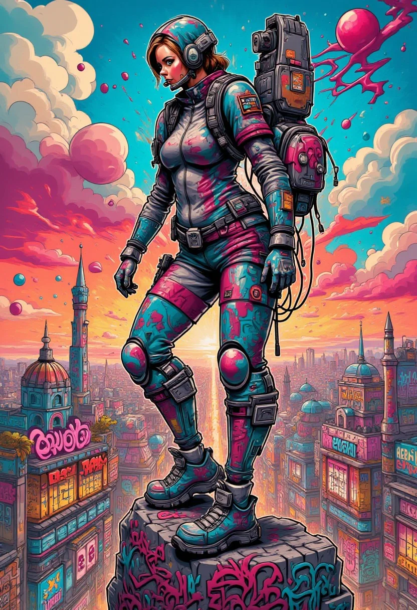 Stylized digital drawing with elements of graffiti art, Cybernetic Acrobat from the Crimson Circus. This agile graffiti-punk digital watercolor showcases a cybernetic acrobat, a woman inspired by ancient performers, perched atop a tall spire overlooking a sprawling, neon-lit entertainment district. She is clad in a flexible, form-fitting bodysuit interwoven with kinetic sensors and miniature thrusters, granting both agility and speed in performance and combat. The bodysuit shimmers with dynamic patterns that shift with her movements. Her face is partially obscured by a mask that displays holographic visual effects and performance data, improving her coordination and showmanship. Equipped with gauntlets that generate magnetic fields, allowing her to adhere to any surface, her arms are further enhanced with retractable cables and hooks for swift movements and acrobatics. She also carries a set of magnetic orbs that can be used as weapons or for performance displays. Surrounding the figure are detailed schematics of her bodysuit, magnetic gauntlets, and movement patterns. The vibrant background features graffiti art that celebrates the history of the Crimson Circus, blending the artistry of ancient performers with futuristic technology. This cybernetic acrobat embodies the power of movement and performance while embracing a technological aesthetic, becoming a captivating spectacle in a technologically advanced world.