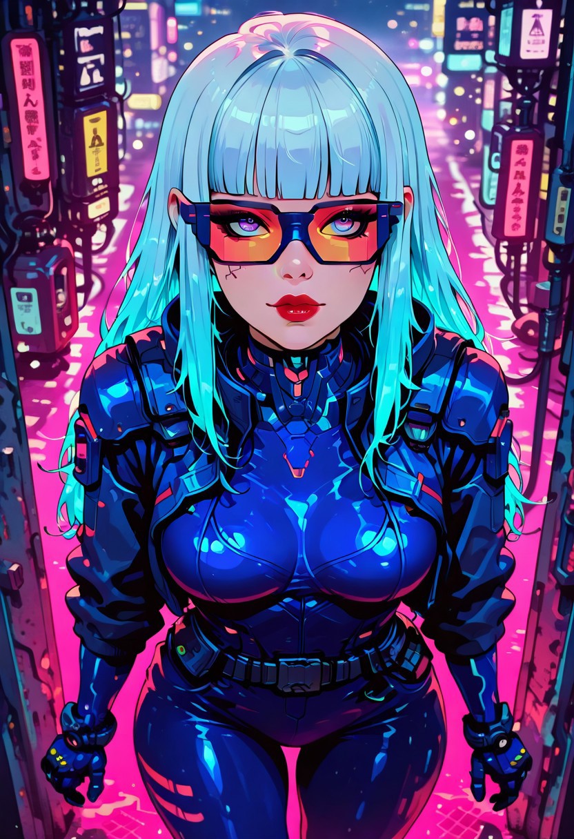 in the style of cksc, in the style of cknc, in the style of ck-rw, artist:moriimee, masterpiece, best quality, good quality, very aesthetic, absurdres, newest, 8K, depth of field, focused subject,
cowboy shot, stylized, in black and neon shades, dark eyeshadow, red lips, long flowing silver and blue bioluminescent hair, bangs, asian female cyberpunk girl, red and blue bodysuit, overlooking sci-fi city, viewed from above, looking up at viewer