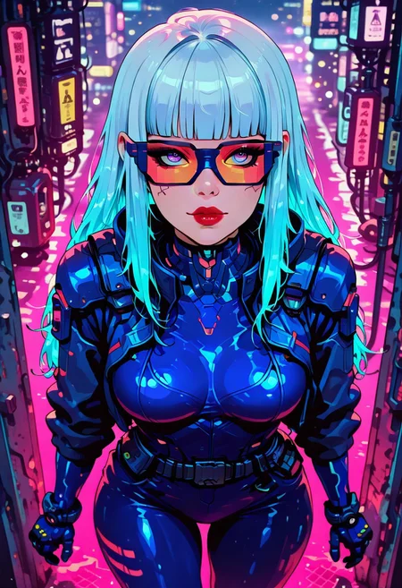 in the style of cksc, in the style of cknc, in the style of ck-rw, artist:moriimee, masterpiece, best quality, good quality, very aesthetic, absurdres, newest, 8K, depth of field, focused subject,
cowboy shot, stylized, in black and neon shades, dark eyeshadow, red lips, long flowing silver and blue bioluminescent hair, bangs, asian female cyberpunk girl, red and blue bodysuit, overlooking sci-fi city, viewed from above, looking up at viewer