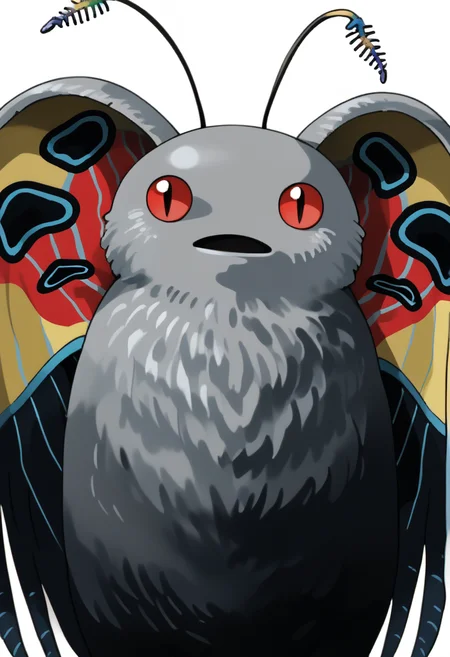 score_9, score_8_up, score_7_up, source_anime, solo, no humans
<lora:zs_SoulHackersPortraitsXL:1> soulhackersportraits, portrait, white background,
 <lora:Mothman-pdxl_Fp:1> mothman, pokemon \(creature\), red eyes, antennae, grey skin, wings