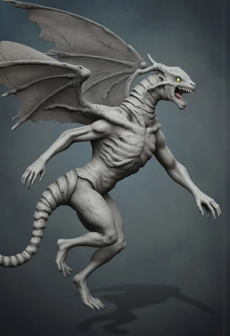 aidmaMJ6.1, Made out of paper, a PaperStyle , d4artstyle, d4concept, , d00mstyle, made of clay, ZBClay model of a gray sculpture
A grotesque, dragon-like creature with a serpentine body and an unnerving appearance. The creature's skin is pale and textured, resembling a mix of reptilian scales and leathery hide. It has a long, sinuous neck with frilled ridges running along the sides, leading to a wide, gaping maw filled with sharp teeth and a forked tongue. Its large, bulbous eyes glow with an intense, otherworldly light, giving it a predatory and alert expression. The wings are bat-like, featuring tattered membranes that stretch from elongated, clawed digits, allowing for flight. The limbs are short but muscular, ending in webbed feet with sharp talons. The tail is thick and tapers into a fin-like structure, suggesting an aquatic adaptation. The creature's design blends elements of horror and fantasy, with an emphasis on its unsettling, twisted form.
Background solid color with a faded dimly lit, fog-covered darkness tone that emphasizes its silhouette.
The medium is not a traditional painting or illustrative medium like watercolor or ink but rather a digital rendering, eerie and unsettling.
