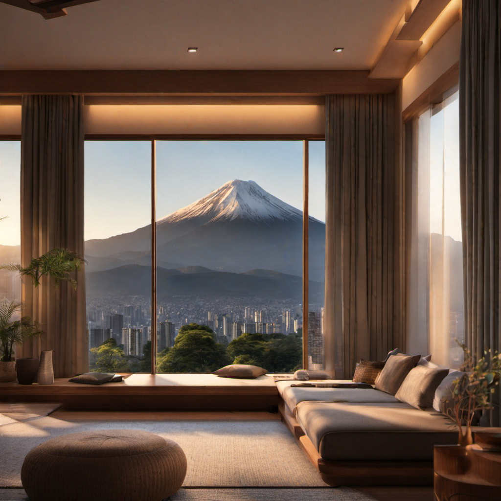 rishi,living room,HDR,UHD,8K,best quality,(realistic:2.0),masterpiece,Highly detailed, <lora:rishi-000012:0.7>,moody  lighting,cinematic,tatami,curtains,pillow_hug,safa,Fuji_Mountain out of window,