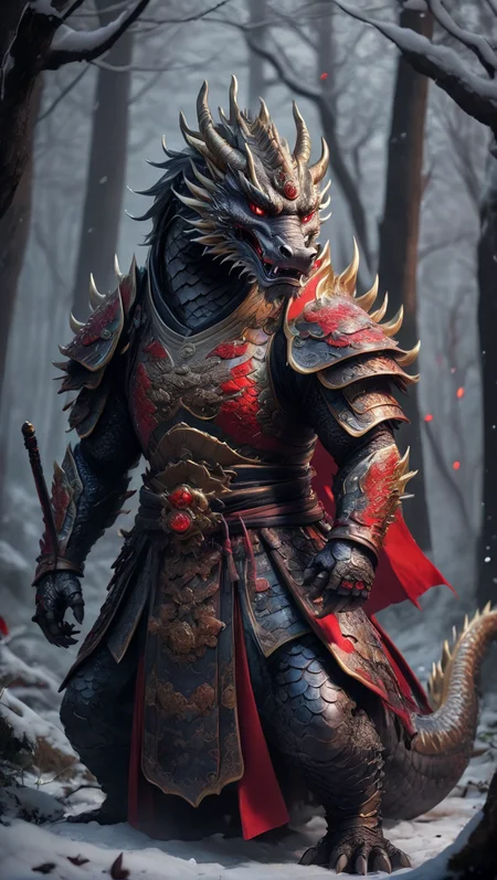 XCYP,<lora:é²å䏿´¾@ä¸å½ç¥å
½XL:0.8>,The beast of Chinese mythology, the mighty and strong anthropomorphic dragon king dressed in gorgeous hanfu and armor, gluttonous heavy armor and red cloak, with a glowing red magic array behind him, standing in the dark forest with weapons in hand, snow, rich in detail, realistic, rich in detail, 32K UHD, ultra high resolution, best quality, masterpiece,