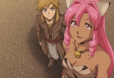 1boy, 2girks, Pink_DragonPink, 1girl, sleeveless dress, white tiger print dress, pelvic curtain, cleavage, cat ears, cat bell necklace, bright pink hair, tanned, white tiger tail, red sash, small breasts, leather shoes, masterpiece, very aesthetic, <lora:pink-illustrious:1>, open mouth smile, single fang showing,
Break
1boy,Anime screencap,link (zelda),blonde hair,blue eyes,pointy ears, low ponytail, sidelocks, blue hyilian tunic,
Break
natsuki, pink hair, short hair, hair ornament, two side up, hairclip, pink eyes, x hair ornament, small breasts, blazer, brown sweater, collared shirt, neck ribbon, blue skirt
Outdoor medieval festival, hylian flags being flown, sunny day, FFM76hug