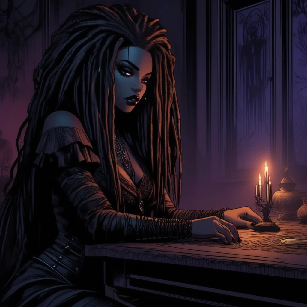 Gothic style <lora:Gothicanimegirls:1>A black voodoo woman with beautiful dreadlocks, curvy and sitting at a table, holding a voodoo doll with pins. The scene is dimly lit with a mysterious, eerie atmosphere, highlighting her intense expression and intricate details of her outfit. The background features a shadowy, ritualistic setting with scattered voodoo elements, adding to the mystical and intriguing nature of the scene. Ultra detailed textures and colores, highly vibrant image. . Dark, mysterious, haunting, dramatic, ornate, detailed