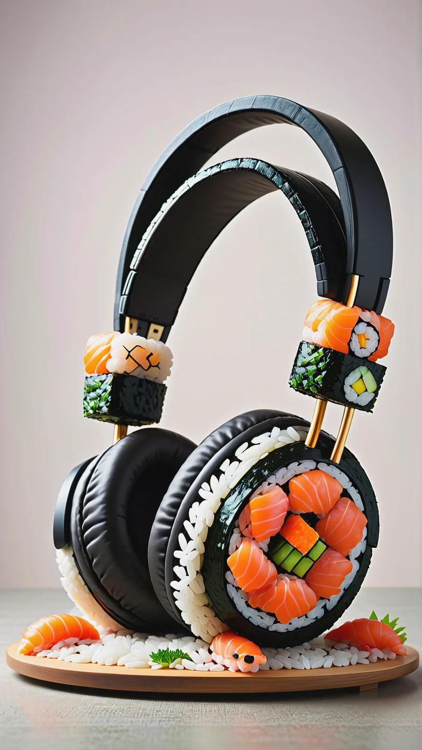 <lora:SushiStyleXL:1>SushiStyle headphones on an empty surface, made out of sushi, sashimi, rice, (japanese:0.5), crafted with sushi, (Masterpiece:1.3) (best quality:1.2) (high quality:1.1)