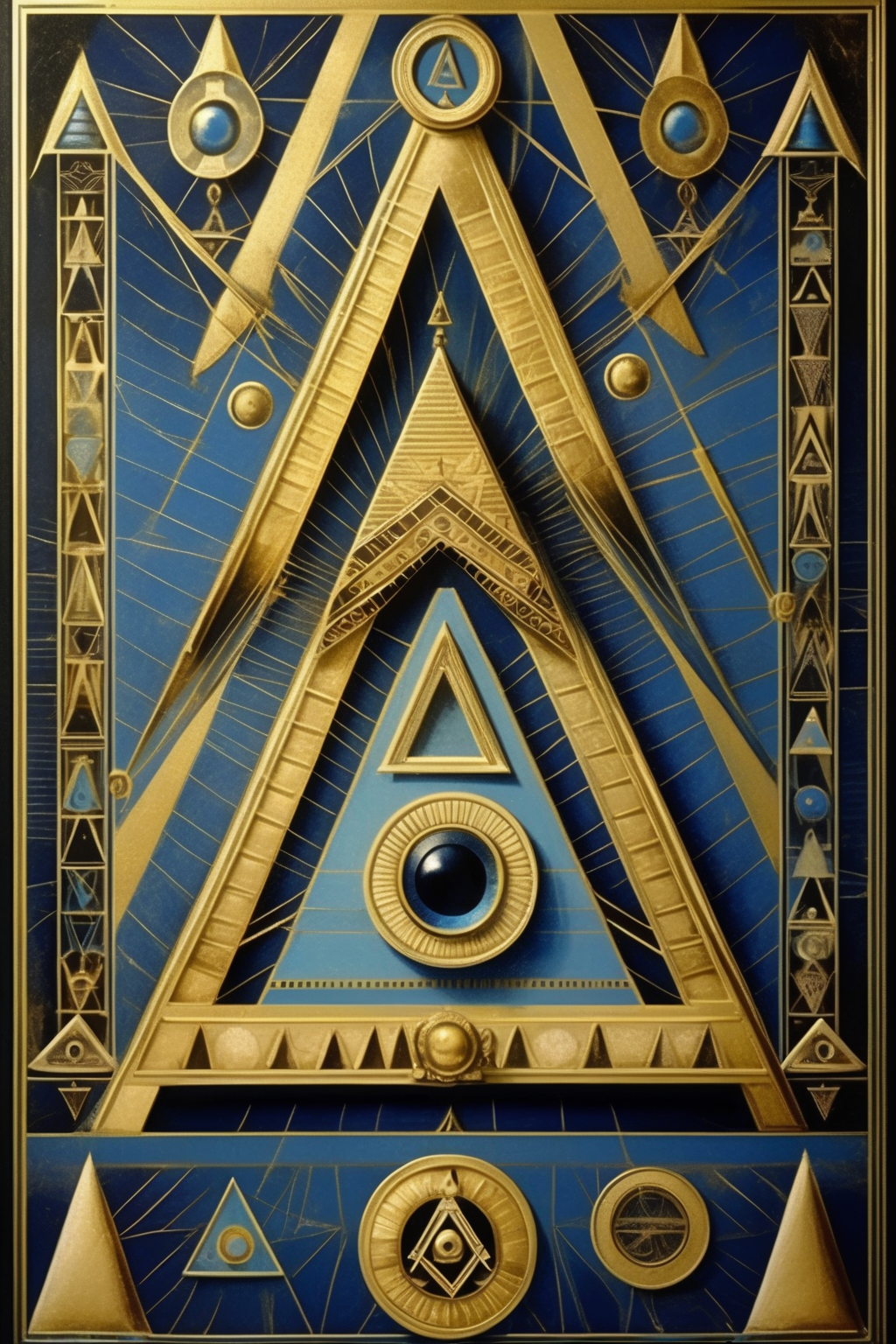 <lora:Paul Laffoley Style:1>Paul Laffoley Style - old geometic freemason occultic symbology with gold and blue hues