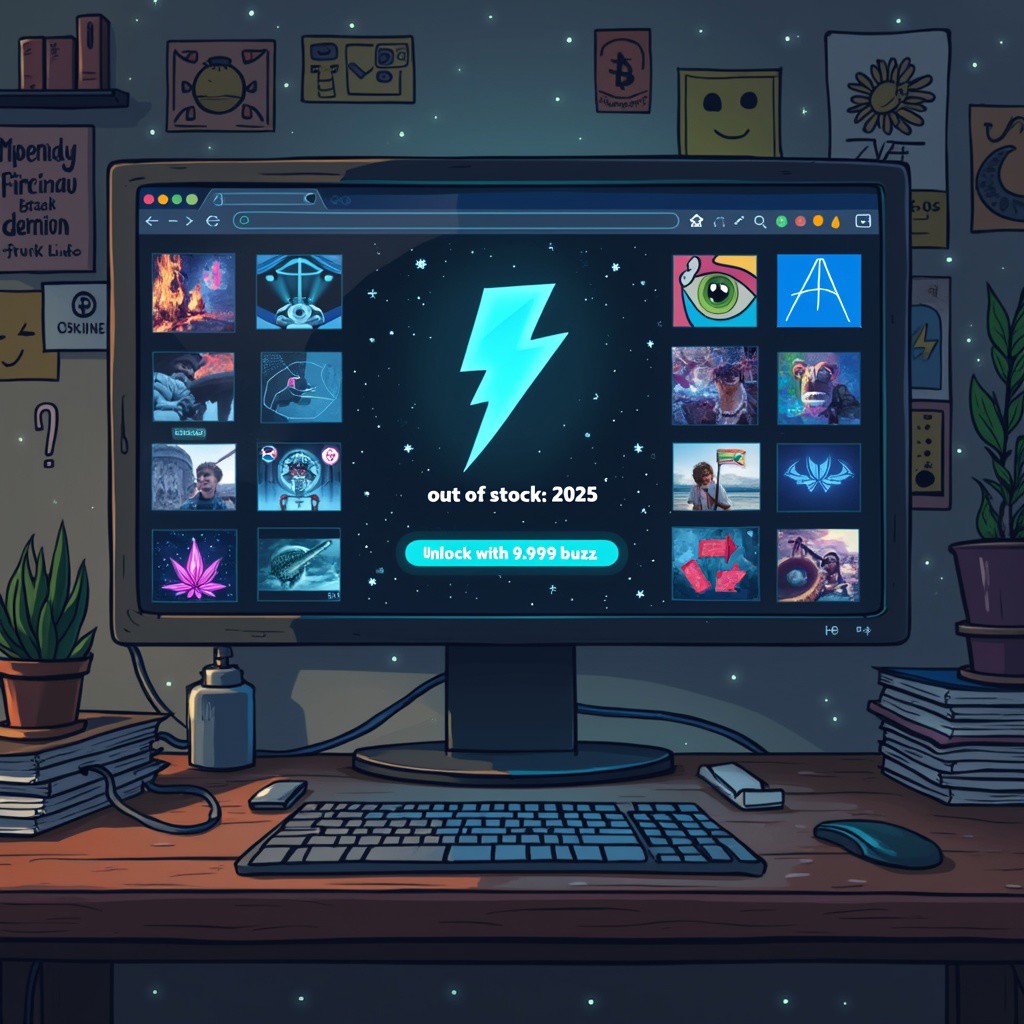 A illustration, POV of a computer monitor, in the monitor we see a dark webpage filled with images. In the center of the page a big section with a thunder bolt logo, and it says: "out of stock: 2025. unlock with 9.999 buzz"