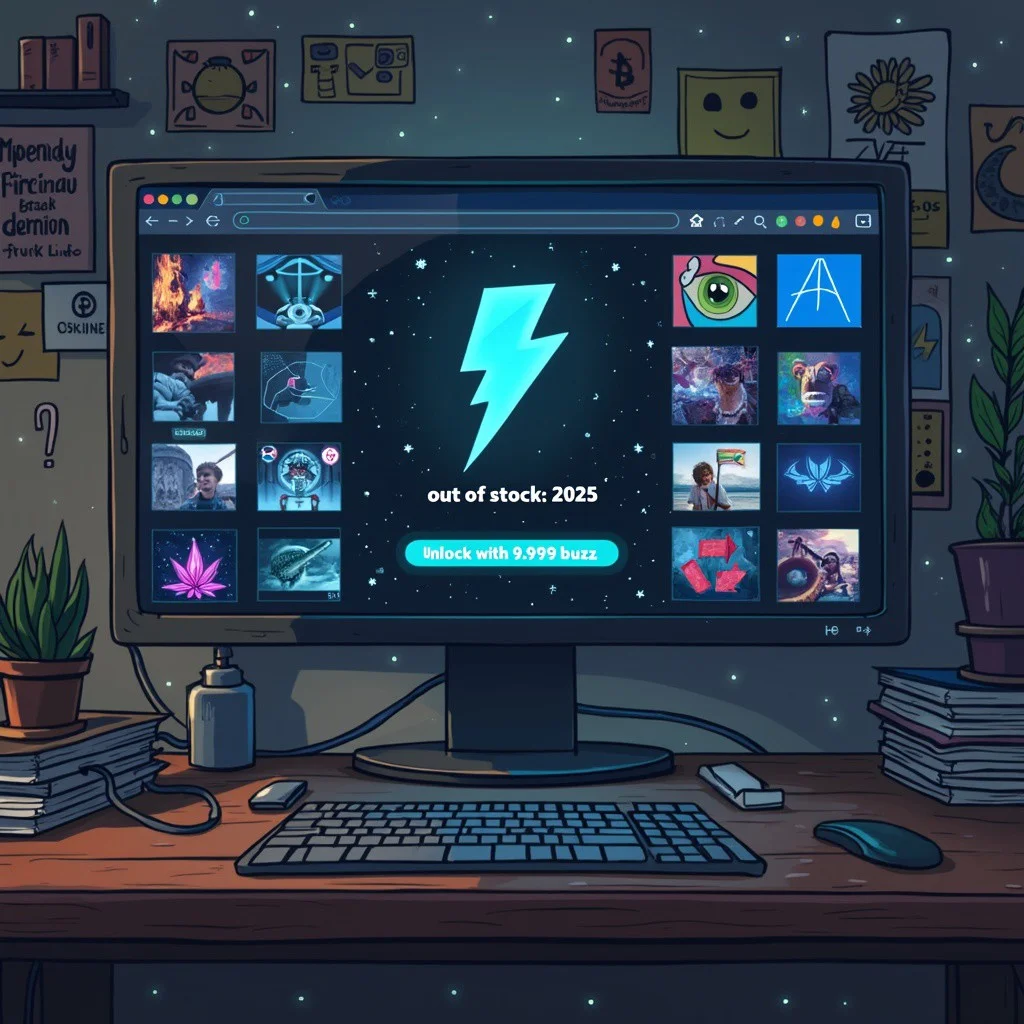 A illustration, POV of a computer monitor, in the monitor we see a dark webpage filled with images. In the center of the page a big section with a thunder bolt logo, and it says: "out of stock: 2025. unlock with 9.999 buzz"