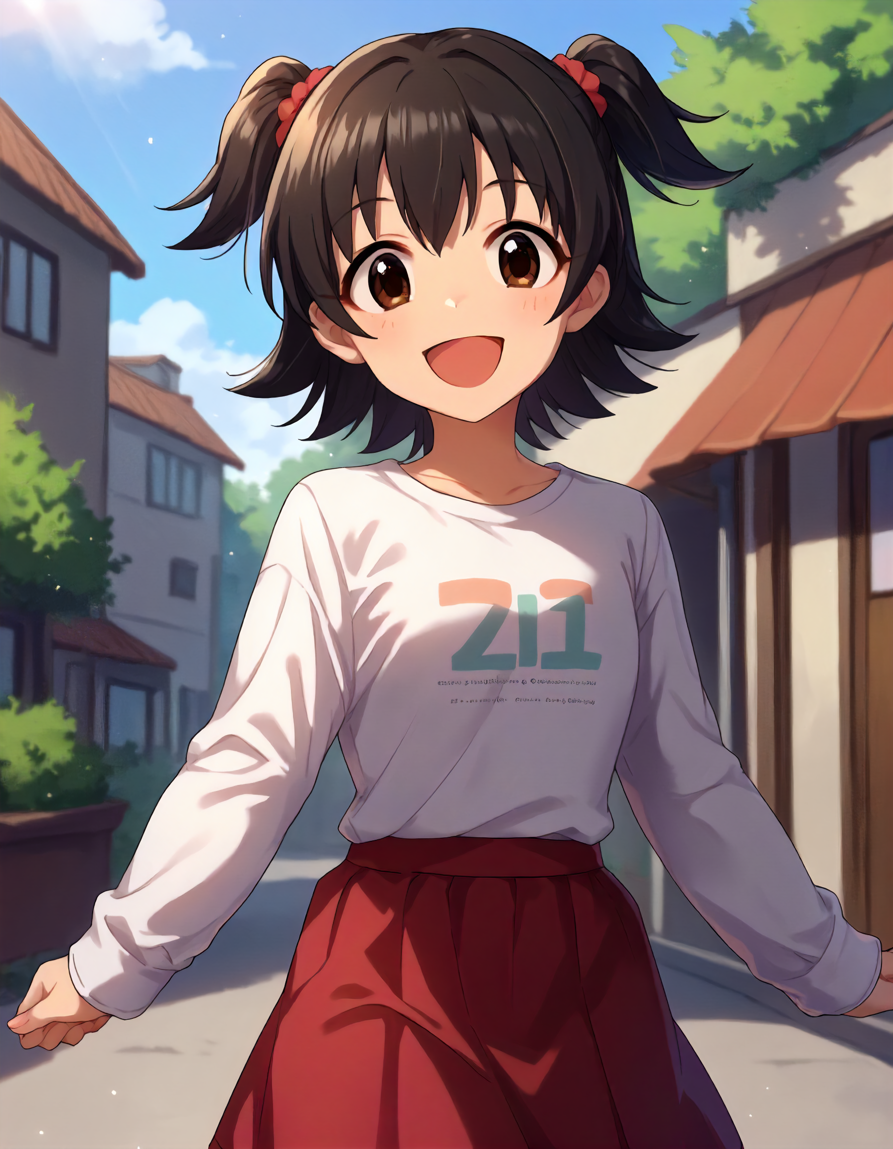 score_9,score_8_up,score_7_up,1girl,solo,cowboy shot,looking at viewer,smile,open mouth,outdoors,
<lora:akagimiria_ponyXLV6:0.8>,cgakm,
black hair,two side up,brown eyes,
white T-shirt,long sleeves,red skirt