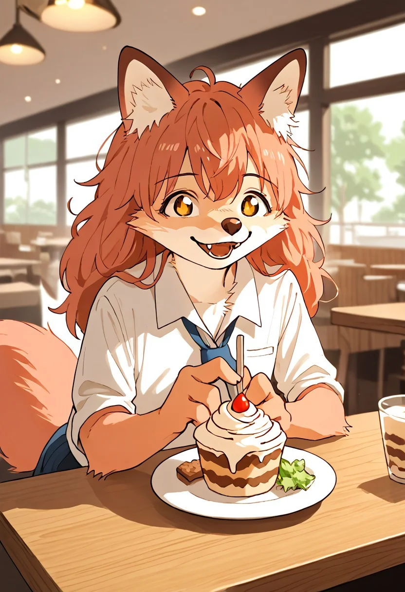 score_9, score_8, score_7, source_anime, rating_safe, solo, furchan, furcasual,
happy, smile, sitting,
restaurant, parfait on table,