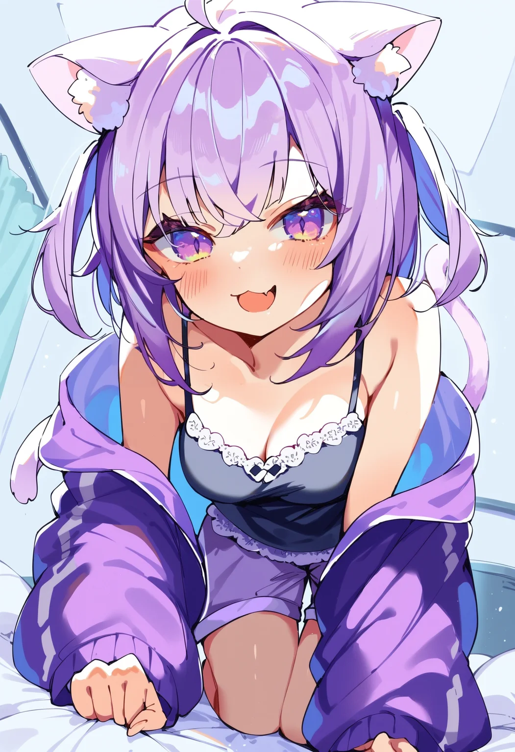 score_9, score_8_up, score_7_up, score_6_up, source anime,
nekomata okayu, nekomata okayu membership, purple jacket, white trim, purple shorts, black camisole, two side up,
official alternate costume, 1girl, cat tail, solo, looking at viewer, fang, blush, smile, open mouth,
kneeling, from below, indoors, on bed, leaning forward
<lora:nekomata_okayu_v2:1>
