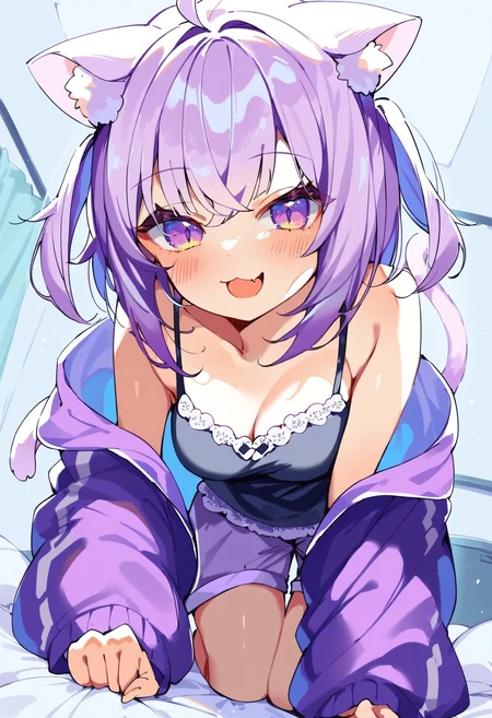score_9, score_8_up, score_7_up, score_6_up, source anime,
nekomata okayu, nekomata okayu membership, purple jacket, white trim, purple shorts, black camisole, two side up,
official alternate costume, 1girl, cat tail, solo, looking at viewer, fang, blush, smile, open mouth,
kneeling, from below, indoors, on bed, leaning forward
<lora:nekomata_okayu_v2:1>