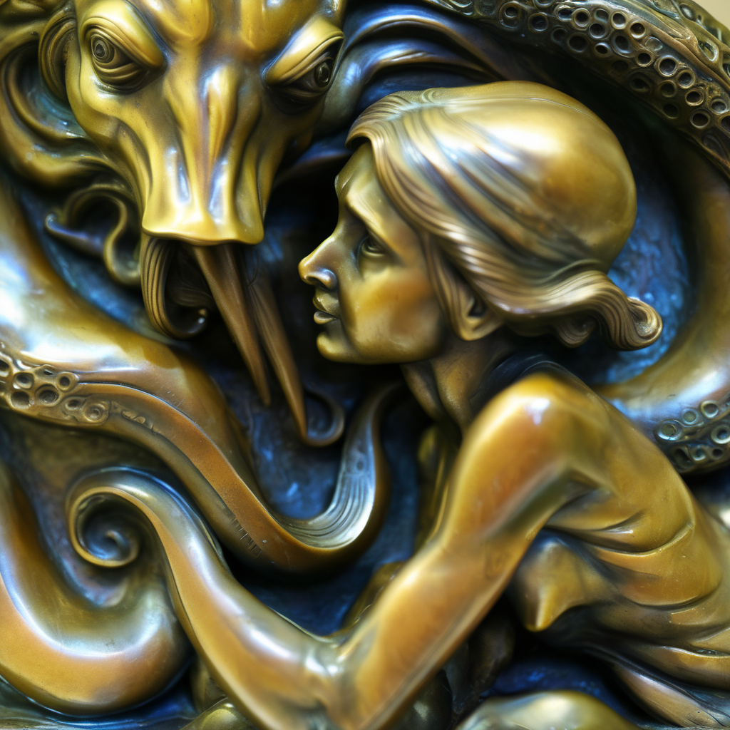 szukalski bronze sculpture a creature with tentacles embraces a girl, 3d, photorealistic <lora:szukalski:0.8>