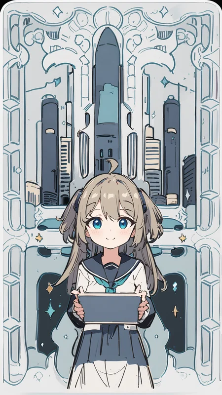 masterpiece, best quality, 1girl, solo, <lora:neurosamaV2:0.8>, smile, school uniform, computer, cyberpunk, cityscape, skyscraper, <lora:animetarotV2-000002:0.8>, tarot