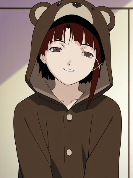 best quality, amazing quality, very aesthetic, absurdres, masterpiece, anime screencap, seductive smile, come hither, naughty face, <lora:Lain_ILXLv0:1> iwakura_lain_\(sel\), animal costume, bear costume