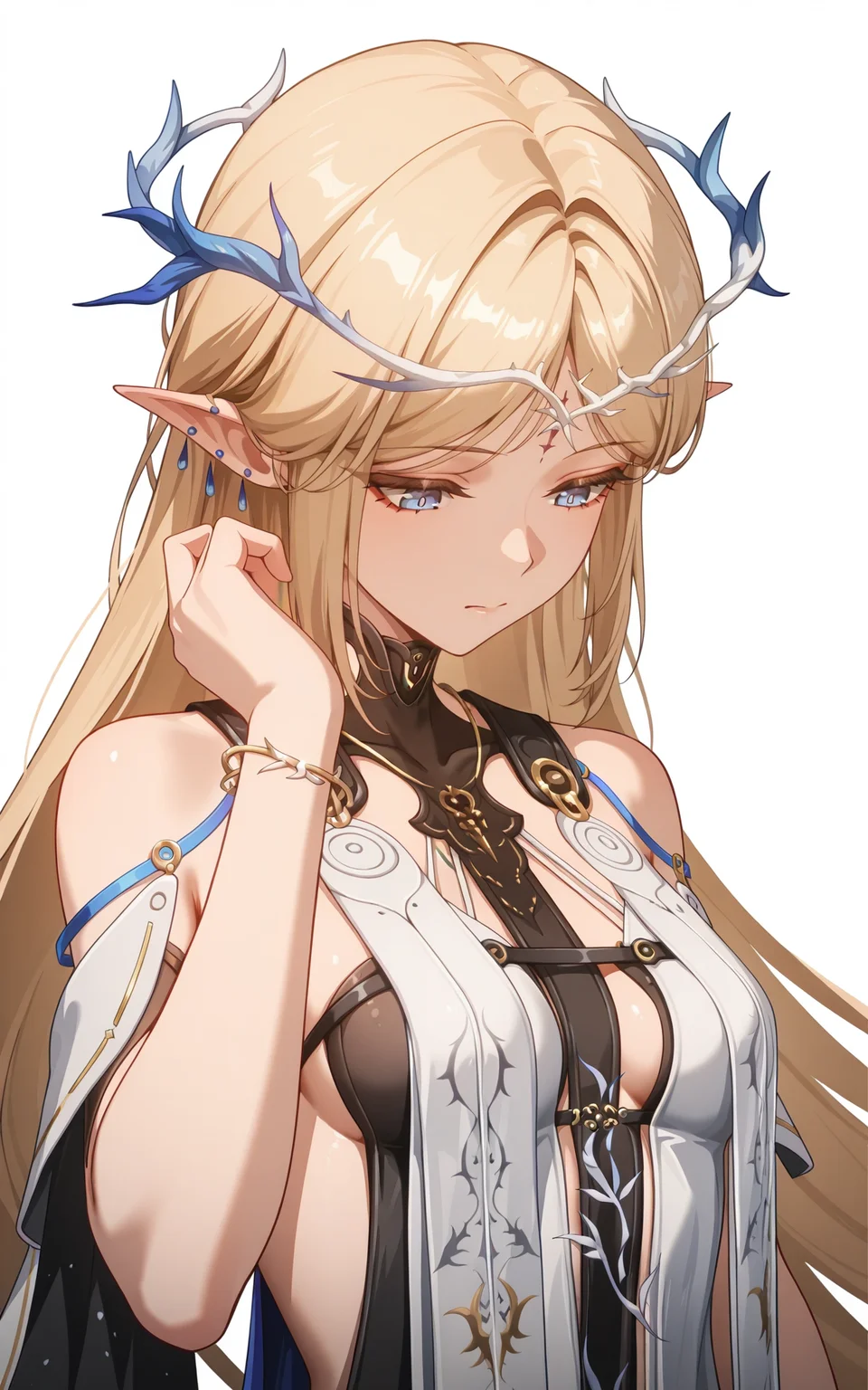 <lora:xl_ill-cartethyia(wuthering waves)_v1-000013:0.8>,cartethyia\(wuthering waves\),1girl,solo,long hair,jewelry,pointy ears,looking down,upper body,blue eyes,bare shoulders,white background,earrings,simple background,blonde hair,closed mouth,horns,bracelet,forehead mark,breasts,facial mark,hand up,dress,