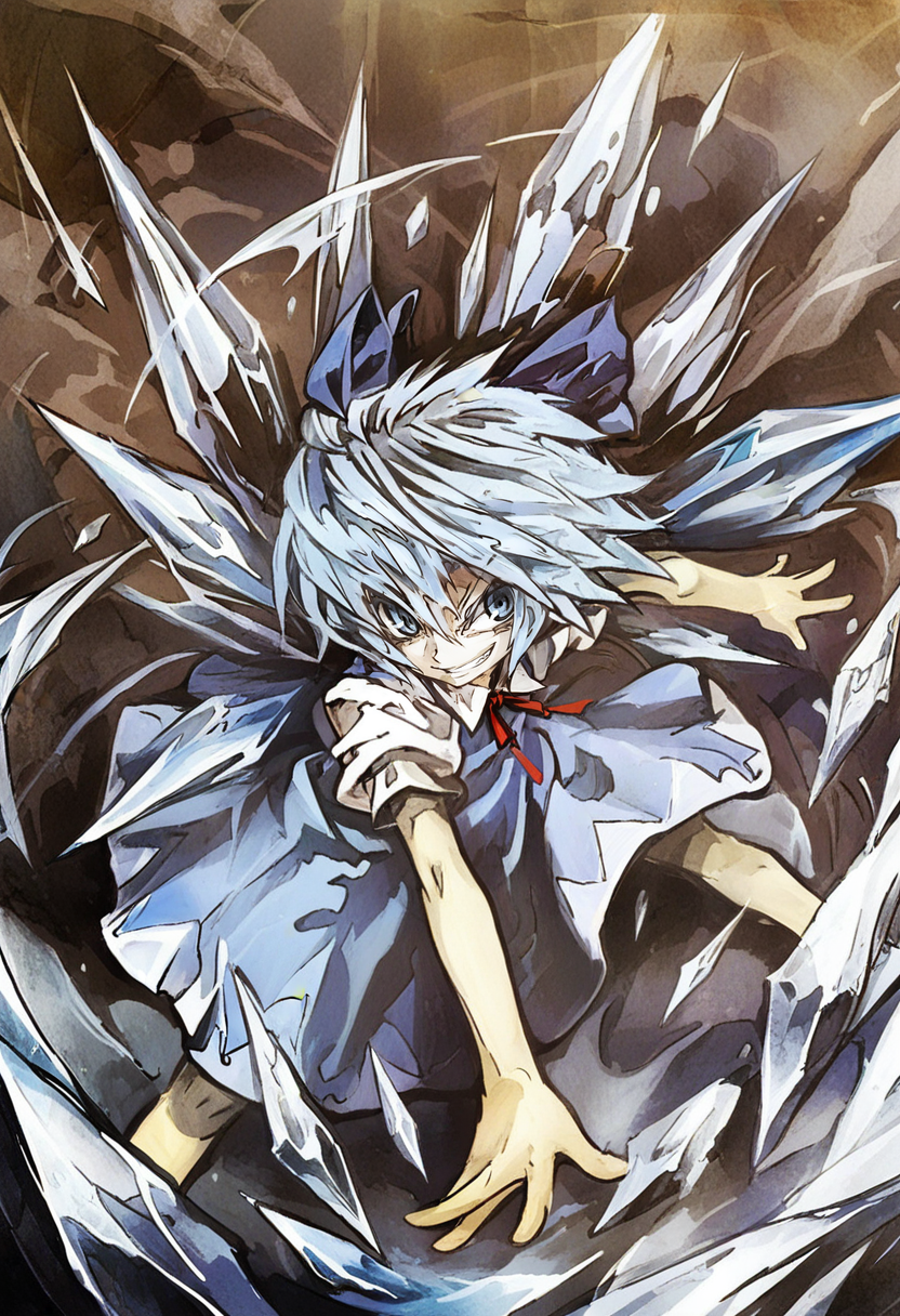 1girl, solo, cirno, blue hair, wings, blue eyes, bow, hair bow, ice, smile, dress, short hair, grin, blue dress, ice wings, blue bow, ribbon, outstretched arms <lora:banpaiAkiraOSXL_NBVP1_lokr_V6311P:0.95>