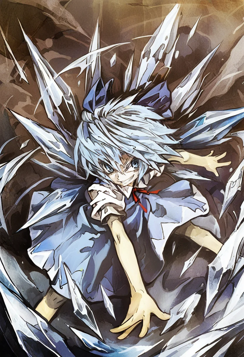 1girl, solo, cirno, blue hair, wings, blue eyes, bow, hair bow, ice, smile, dress, short hair, grin, blue dress, ice wings, blue bow, ribbon, outstretched arms <lora:banpaiAkiraOSXL_NBVP1_lokr_V6311P:0.95>