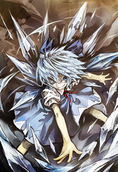1girl, solo, cirno, blue hair, wings, blue eyes, bow, hair bow, ice, smile, dress, short hair, grin, blue dress, ice wings, blue bow, ribbon, outstretched arms <lora:banpaiAkiraOSXL_NBVP1_lokr_V6311P:0.95>