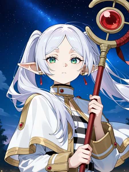 frieren, 1girl, solo, pointy ears, twintails, staff, long hair, holding, white capelet, earrings, capelet, jewelry, looking at viewer, green eyes, holding staff, long sleeves, night, floating hair, sky, elf, night sky, outdoors, star \(sky\), upper body, white hair, shirt, striped, bangs, starry sky
,masterpiece,best quality,newest,absurdres,highres,very awa,