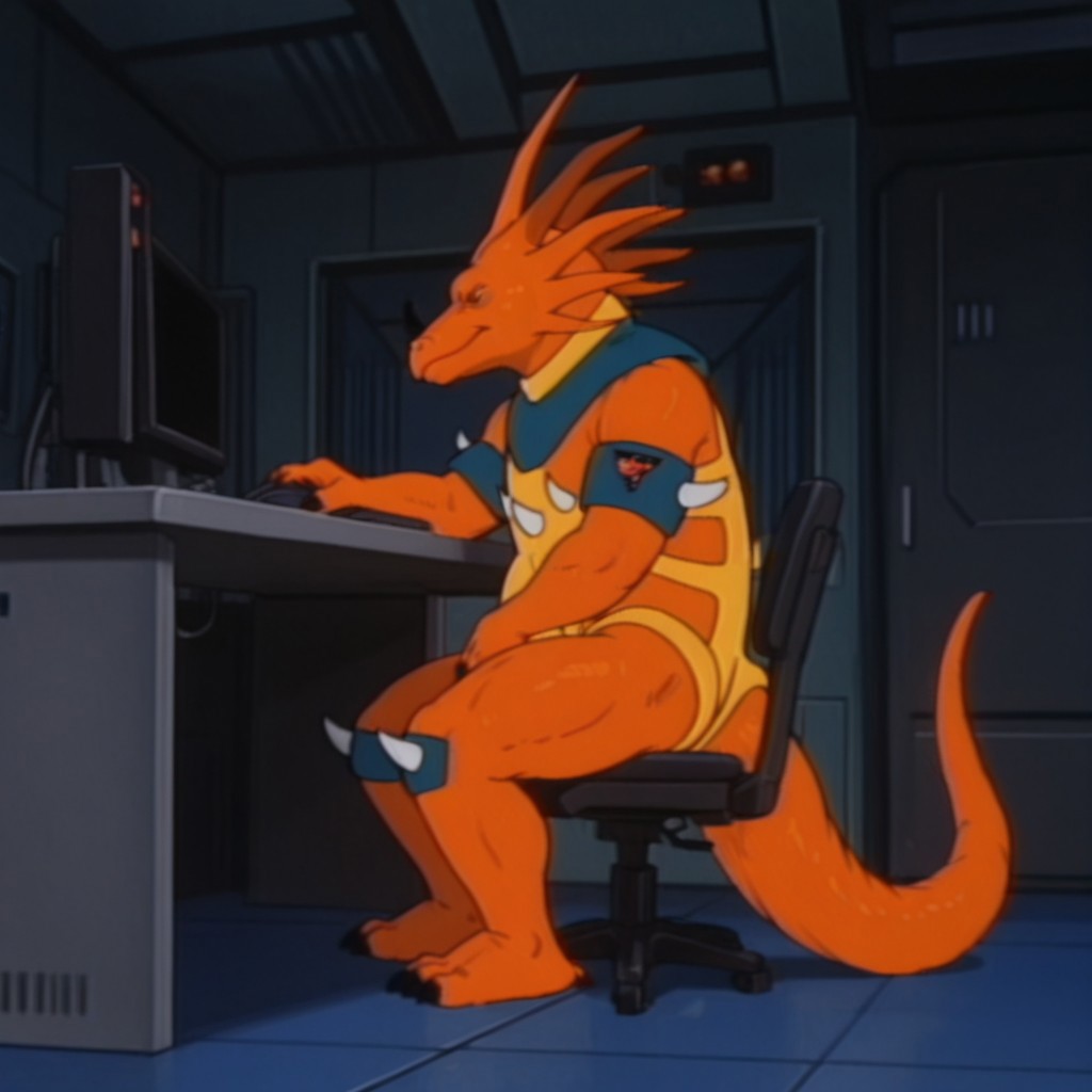 masterpiece, best quality, amazing quality, StyracoDsil, anthro, male, Styracosaurus, orange skin, black nose horn, green eyes, yellow leotard, blue trim, blue armbands, blue kneepads, white spikes,,  solo, 1boy, full body, sitting, inside, on chair, at computer