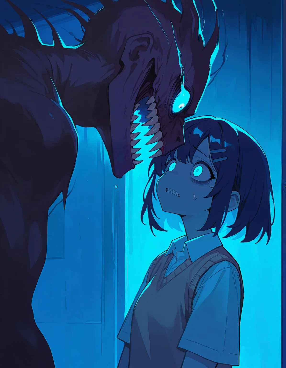 masterpiece, best quality, newest, highres, absurdres, <lora:LeIsT0_style:1>,LeIsT0_illu, 1girl, teeth, shirt, monster, short hair, glowing eyes, sweater vest, collared shirt, glowing, short sleeves, sharp teeth, sweatdrop, scared, hair ornament, looking at another, white shirt, blue eyes, hairclip, upper body