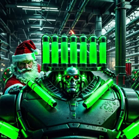 raw photo,cinematic shot,realistic,cybermutant robot santa claus with glowing red and green tubes in an industrial facility