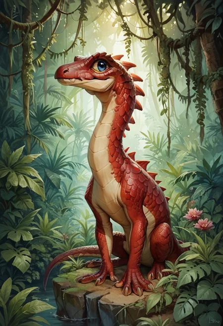 score_9, score_8_up, score_7_up, rating_questionable,score_9, score_8_up, score_7_up, BREAK,burgundy Dino,small Dino,maroon scales,full body, jungle background,highly detailed,intricate details,warm and cozy,hyper realistic,