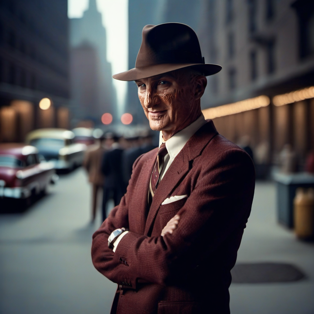 cinematic photo a man with a hat in a stylish 50s suit, madmen, 50s new york background<lora:FreddyKrueger1024:0.8> . 35mm photograph, film, bokeh, professional, 4k, highly detailed